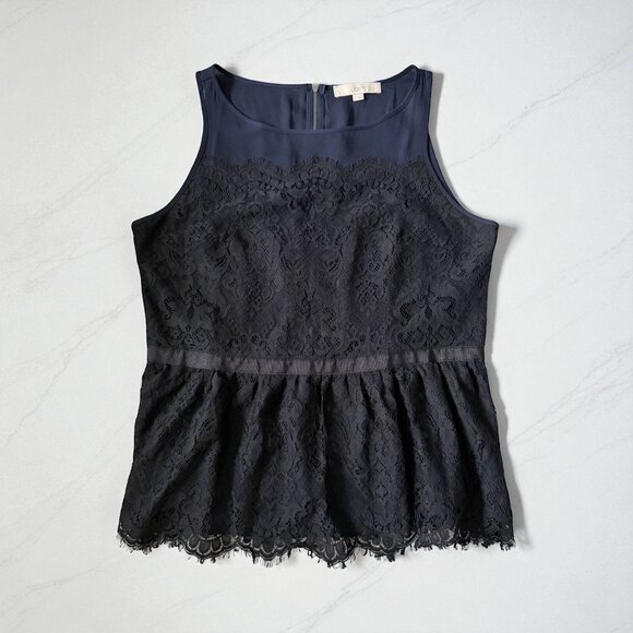 ANN TAYLOR LOFT Navy Black Lace Peplum Tank Top Size 12 - Picture 1 of 8
